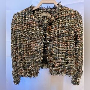 Bagatelle Tweed Cropped Jacket with Fringe Trim – Size XS